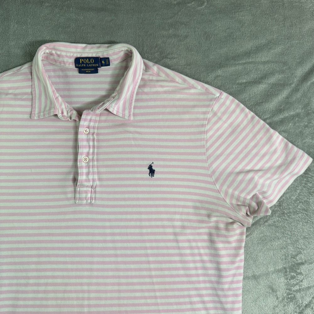 Polo Ralph Lauren Pink White Striped Featherweight Mesh Men XL Polo Shirt (Read)